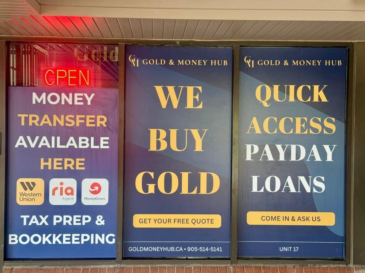 Gold & Money Hub storefront window in Mississauga: we buy gold, money transfer, and payday loans